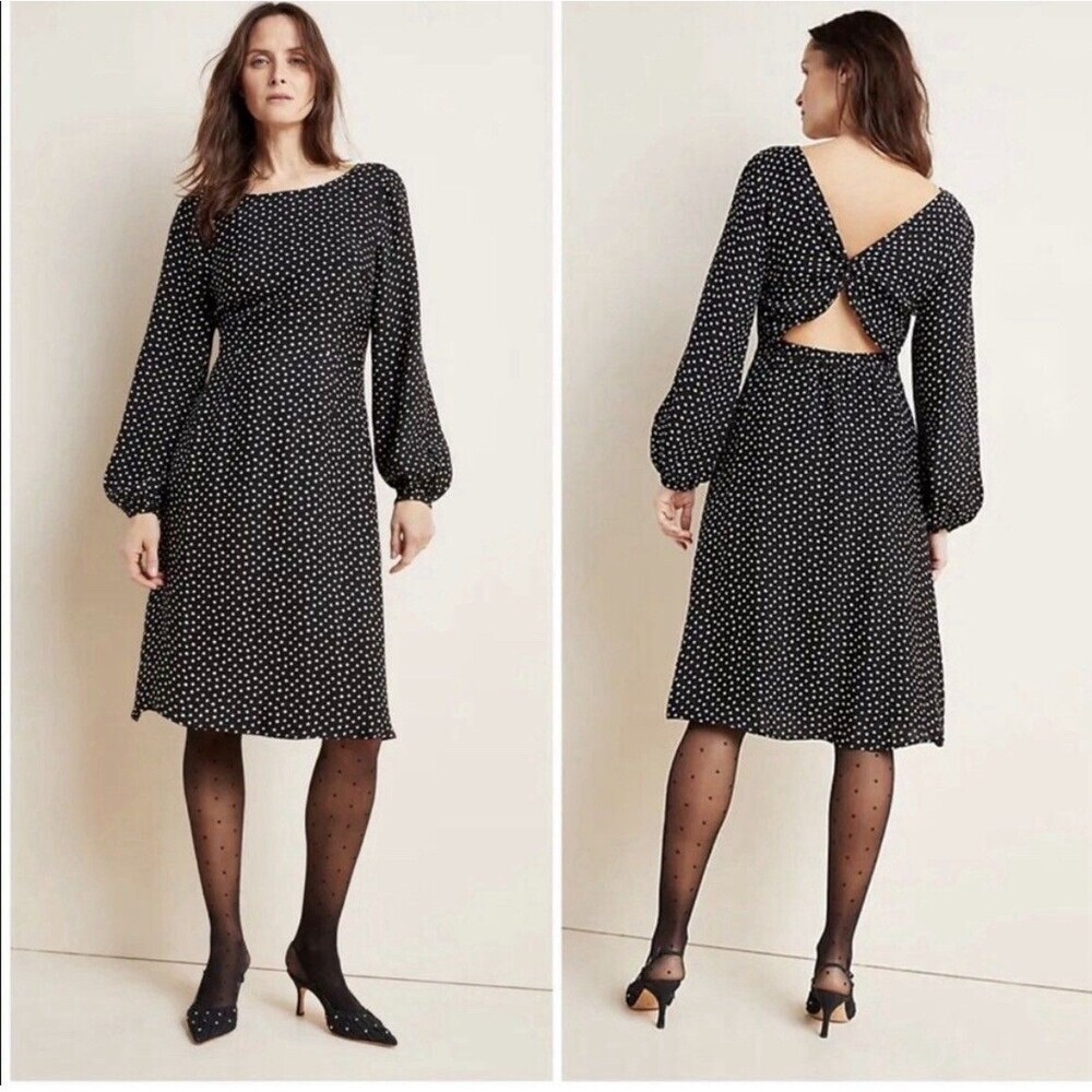 Anthropologie Agatha Polka Dot Midi Dress 10 Petite  Cutout Twist Back Viscose